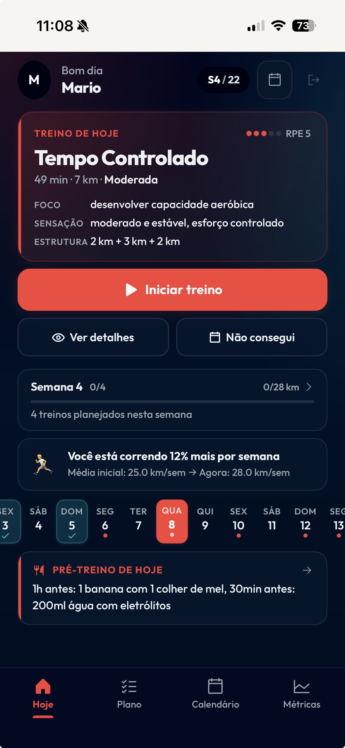 Tela do Harmove mostrando treino do dia, calendário semanal e navegação do app